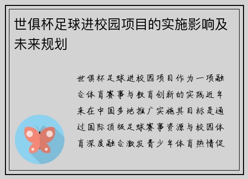 世俱杯足球进校园项目的实施影响及未来规划