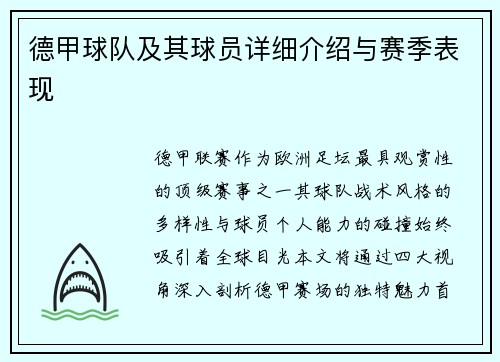 德甲球队及其球员详细介绍与赛季表现
